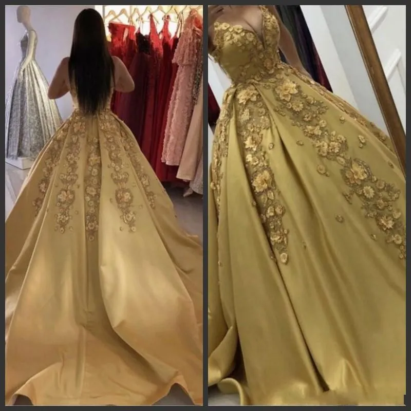 2024 New Elegant Ball Gown Quinceanera Dresses Deep V-Neck Lace 3D Appliques Sweep Train Sweet 16 Satin Plus Size Party Prom Evening Gowns 403