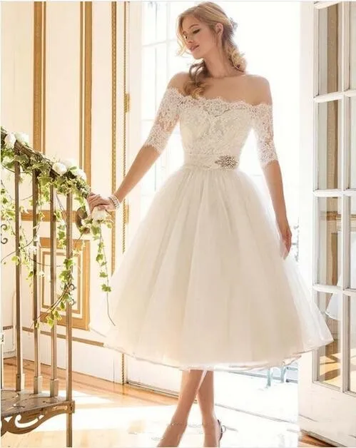 Vestidos De Noiva Curtos Lindos 2019 Bateau Decote Meia Mangas