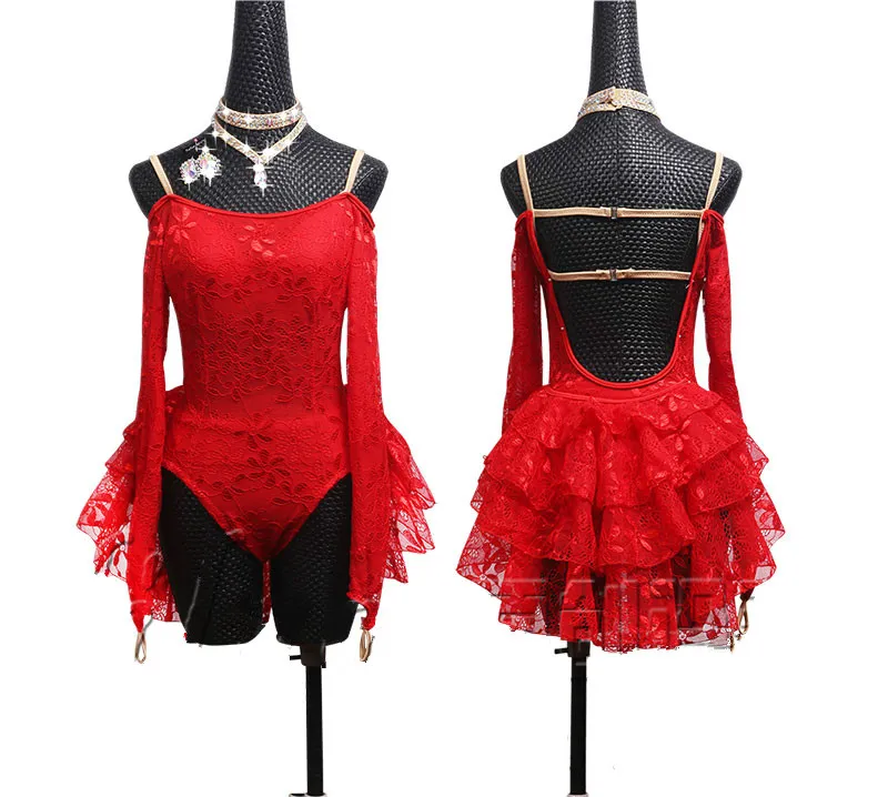 Bühnenkleidung Rotes Spitze Latin Tanzkleid Frauen Wettbewerb Kostüme Mode Sexy Salsa Tanzkleider Damen Performance Service