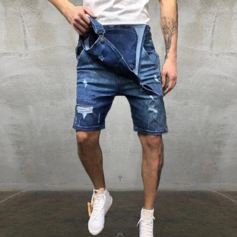 Pantaloncini tute jeans 2019 Moda estiva Salopette in denim effetto consumato Hi Street per pantaloni da uomo con bretelle204M