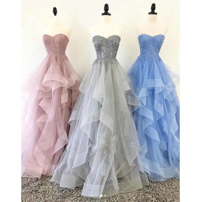 Blu Rosa Grigio Custom Made Evening Party Prom Dresses Ruffle Tulle Spaghetti Scollo a V Aperto Indietro Abito da damigella d'onore Abito da sera Lungo