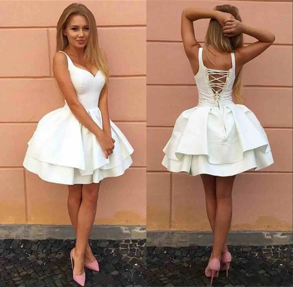 Sweetheart Homecoming Vestidos Pure White Short Party Prom Dress Lace-up vestidos de fiesta de cóctel Puffy Ruffles Sweet 16 vestidos de noche