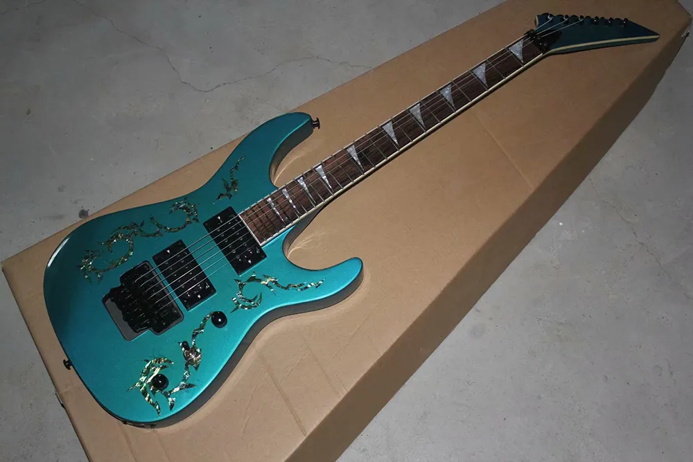 Guitare électrique bleue en métal personnalisée en usine avec pont Floyd Rose, corps à motif Abalone, matériel noir, peut être personnalisée