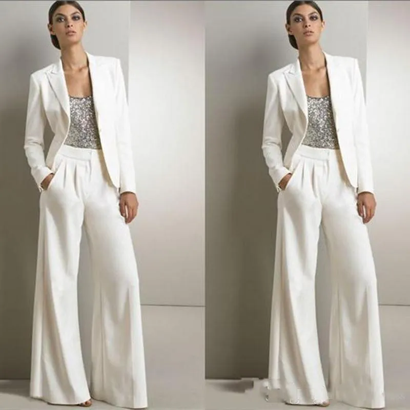 Nowe nowoczesne białe dwa kawałki Mother of the Bride Pant Suits Wedding Guest Sukienki Plus Size Evening Sukienki z kurtkami3111