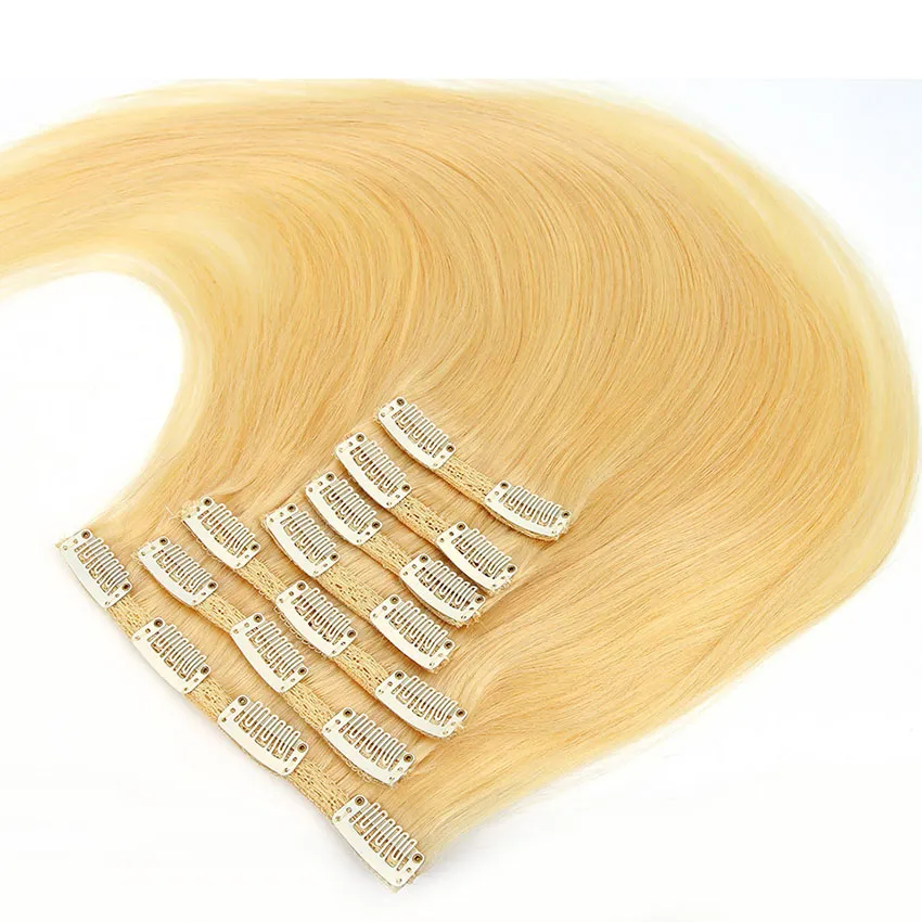 9A Grade Virgin Hair Clip In Human Hair Extensions Brasilianska Peruanska Malaysiska Indiska Straight Remy Hair Natural Color Bleach Blond 613