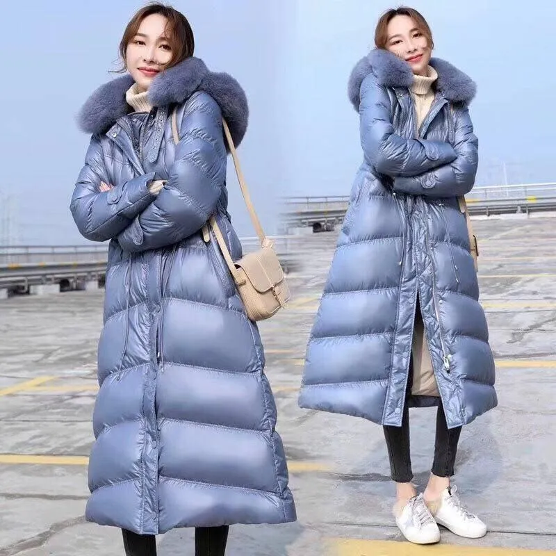 2019 New Winter Women Thick Warm Large Natural  Fur Long Coats Ladies White Duck Down Hooded Jackets Casual Loose Parkas C138