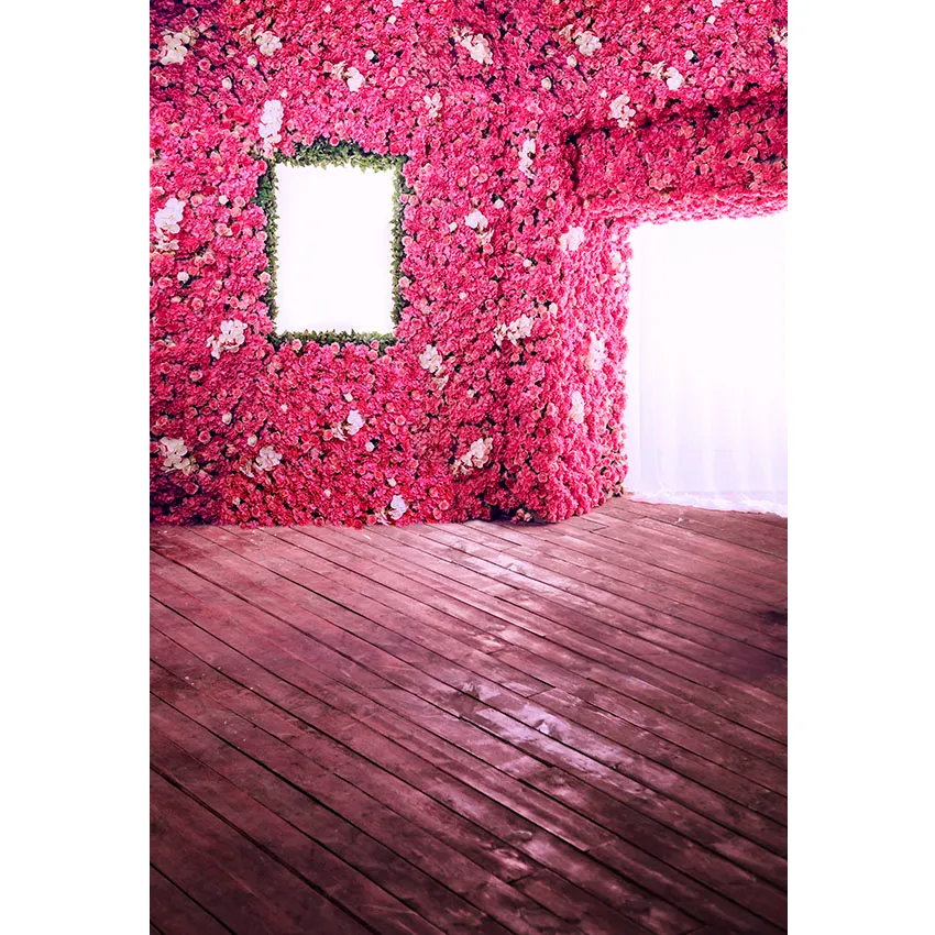 Digital Printed Rose Pink Flower Backdrop Wall for Wedding Photography Arch Door Princess Girl Birthday Background Wooden Floor