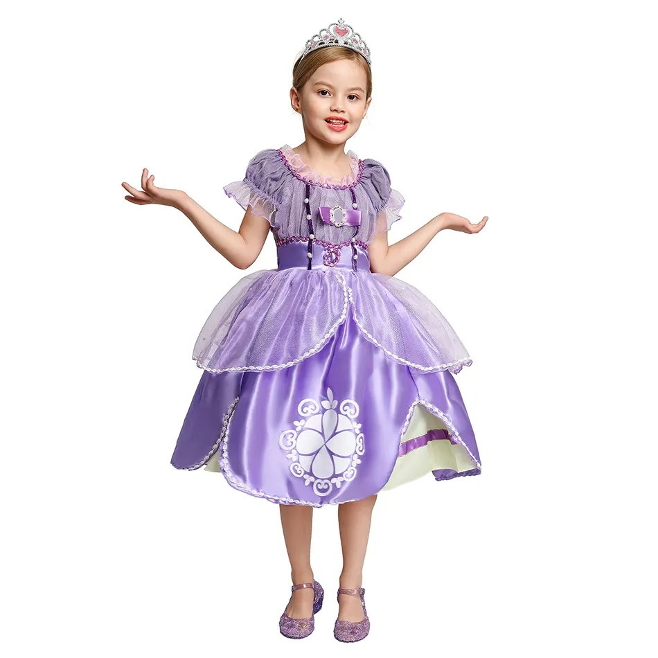 Varm Försäljning! Pärlor Beading Princess Sofia Klänning för tjejer Mesh Bodice Clothers Den första Party Ball Gown Cosplay Costume Child Halloween outfit