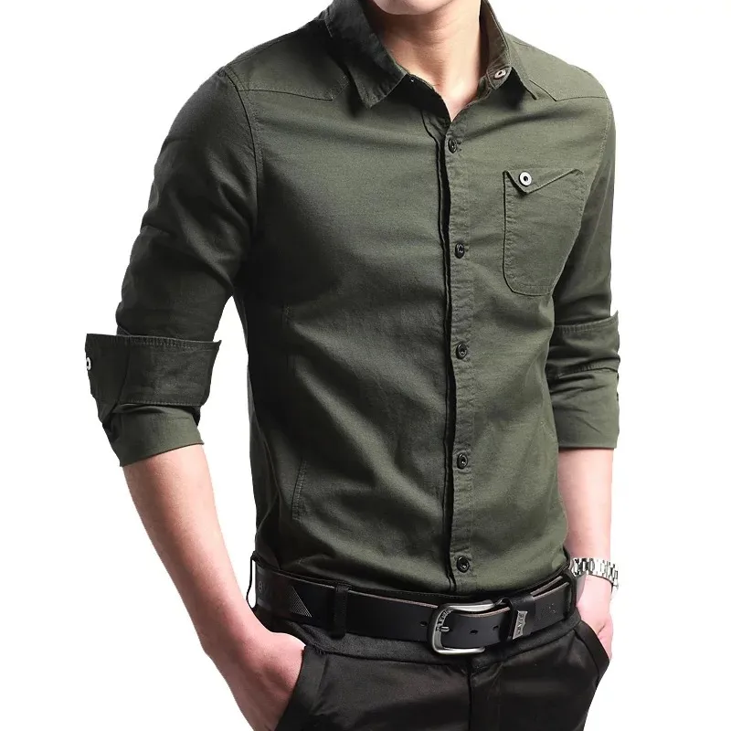 Moda-Masculina Nueva marca de moda Camisa de hombre Camisa militar de color sólido Hombres Camisas casuales de manga larga Camisa táctica de negocios