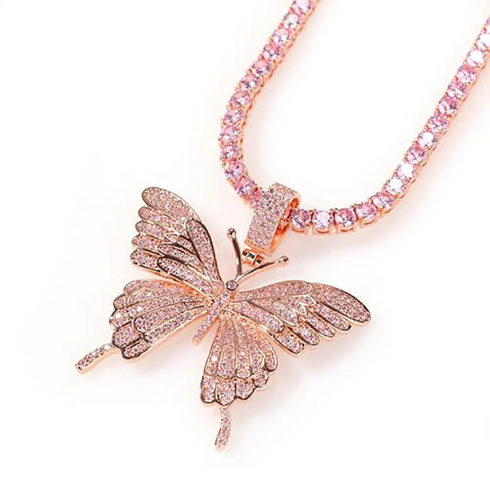Iced Out roze vlinders hanger ketting met 24 inch tenniskettingen zirkonia Jewelry215N