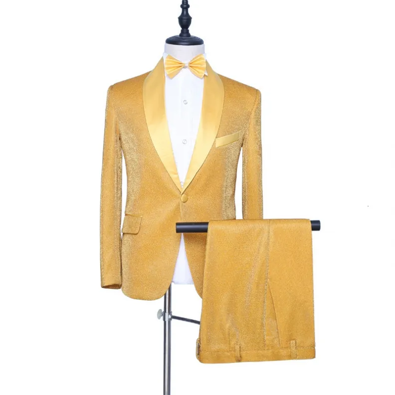 カスタムメイドの男性スーツ光沢のある金色の花groomタキシード・ショール・サテン・ラペル花smen結婚式の男2ピースジャケットパンツタイL5402349