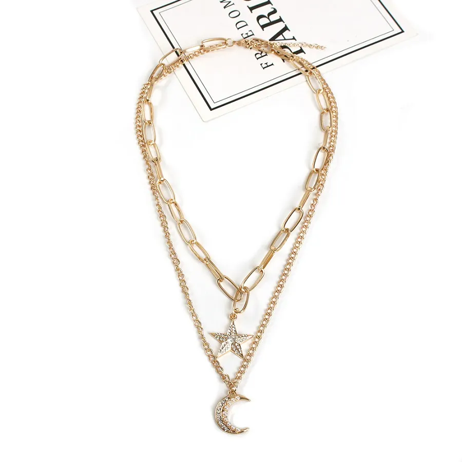 Wholesale-fashion luxury designer multi layer chain cute love diamond moon star pendant choker statement necklace for woman