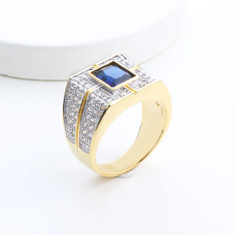 wholesale Mens Luxury RING Blue Stone CZ Diamond men gold rings Wedding Gift Jewelry for Men with Retail box