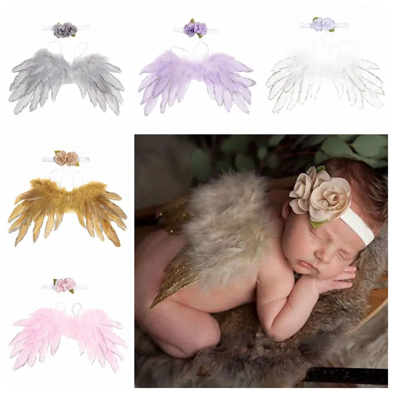 Nyfödda fotografi rekvisita ängel fjäder vingar + blomma huvudband 2st / set spädbarn baby cosplay tecknad hår tillbehör foto rekvisita c5719