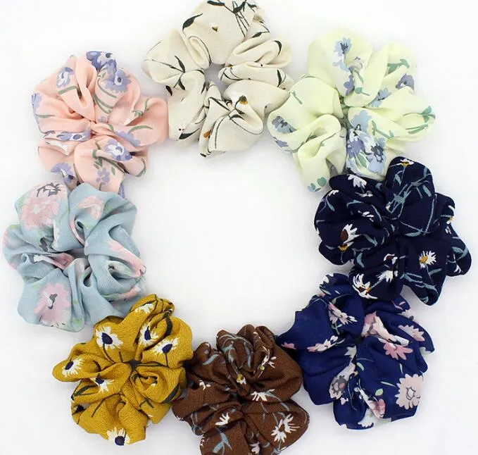 100pc / mycket nytt mode kvinnor blommigtryck satin hårband chiffon scrunchies kvinnlig tjej hår slips hästsvans hållare tillbehör