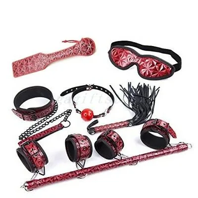 8 x Bondage Bed Restraint Gamba Polso Spreader Bar Polsini Whip Collar Whip Toy Nero Rosso A76