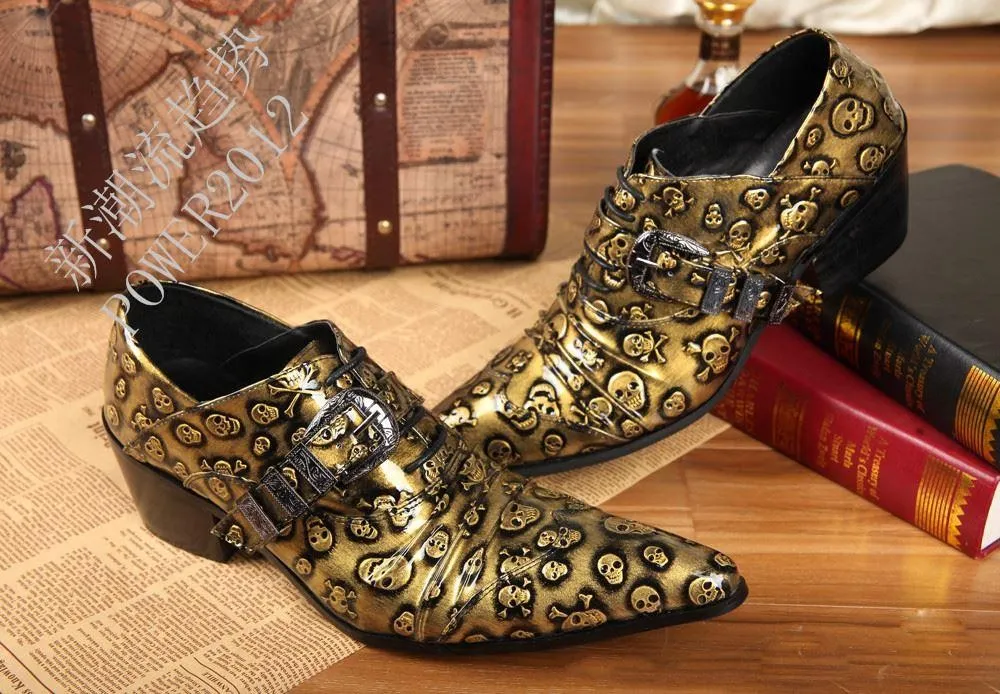NEW 2019 Handmake High Quality Zapatos Hombre Men Leather Shoes Formal Dress Shoes Men Gold Black Skull Business Shoes Men Big Size 45 46