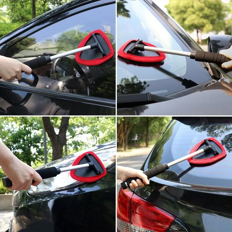 XINDELL Outil de nettoyage de pare-brise de 73,7 cm – Kit de nettoyage de vitres d'intérieur de voiture avec long manche étendu et 4 tampons en microfibre, brosse d'essuie-glace automatique pour