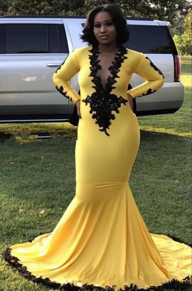 Amarelo sul africano sereia vestidos de baile manga longa profundo decote em v renda cetim varredura trem vestidos de noite plus size vestido de festa