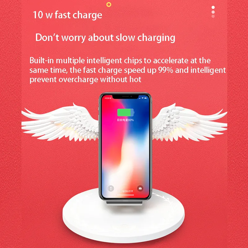 Trådlös laddningsdocka 10W ängel vingar Snabb laddare för Universal Mobiltelefon Huawei iPhone Samsung med nattljus bokhylla prydnad