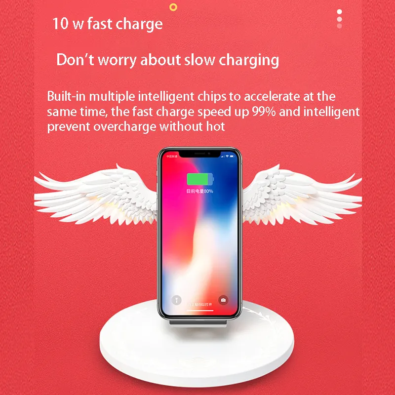 Wireless Charging Dock 10W Angel Wings Fast Charger for universal mobile phone Huawei iPhone Samsung with Night Light Bookshelf Ornament
