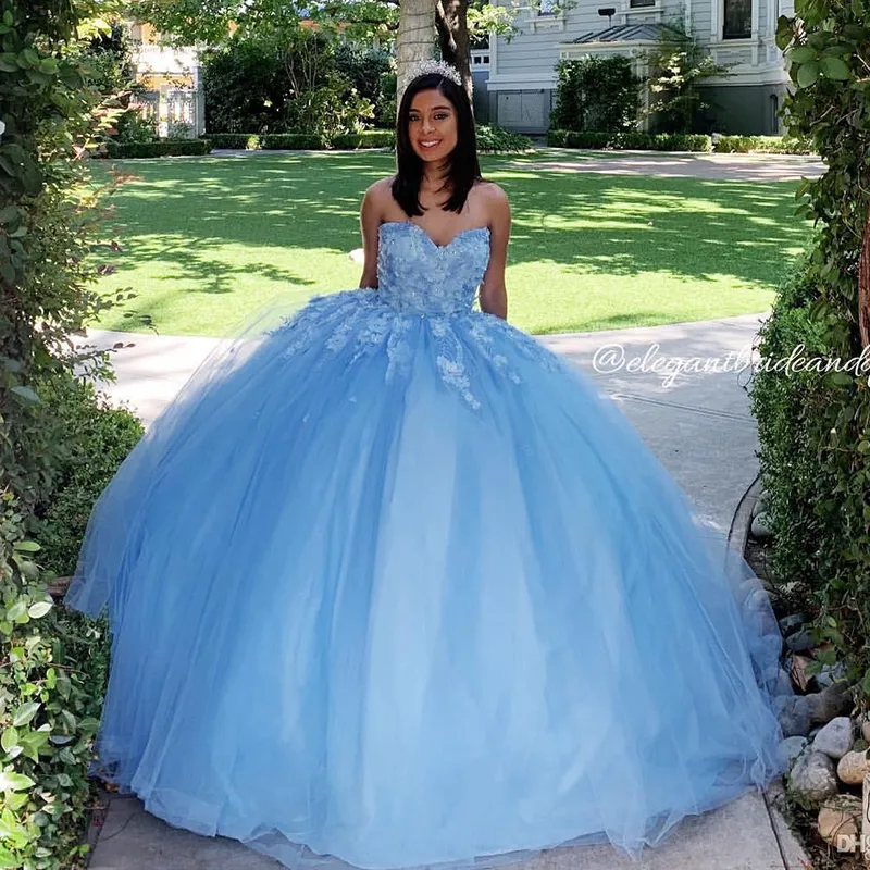 Sky Blue Lace Quinceanera Dress Sweetheart 3D Flower Sweet 16 Dress Prom Evening Party Gowns Custom Made Made