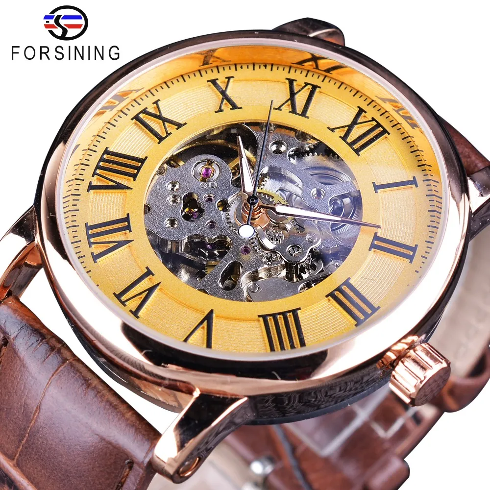 Forsining Watch Classic Retro Design Skelet Golden Romeins nummer Bruin lederen heren Mechanisch horloge topmerk luxe automatisch horloge