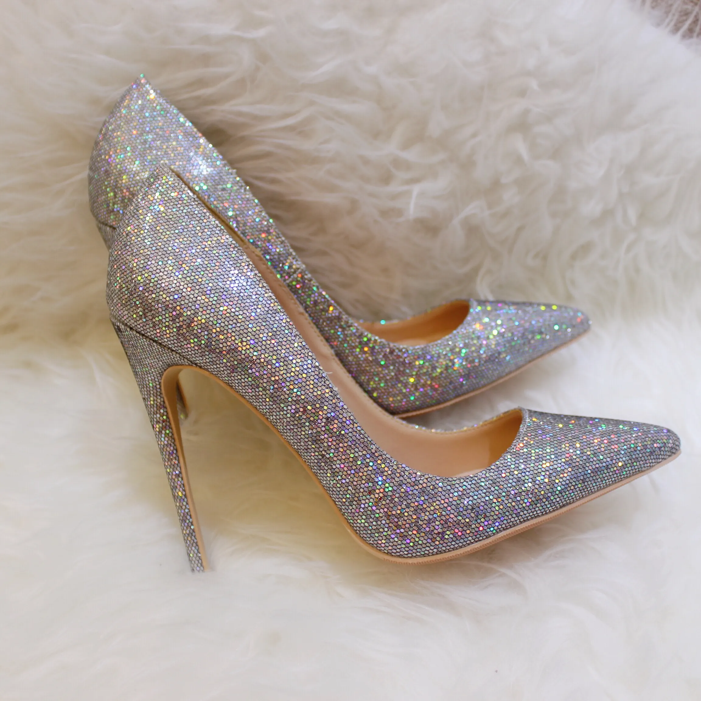 Moda kadın sandalet Glitter strass Sivri burun Topuklu stiletto striptizci Yüksek topuklu Balo Akşam ayakkabı pompaları büyük boy 44 12 cm