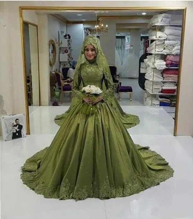 Robe de Mariage 2017 Zielona Muzułmanka Suknia Ślubna Z Długim Rękawem Saudyjska Arabia Wysokiej Neck Aplikacje Suknie Ślubne Vestido De Noiva Darmowa Wysyłka