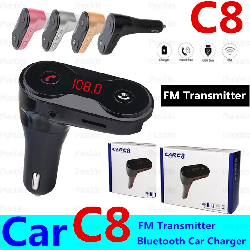Bil C8 FM-sändare MP3 Player Modulator Hands GRATIS trådlös Bluetooth-bilmonteringssats med USB-laddare Support TF U Disk Spela 100pcs