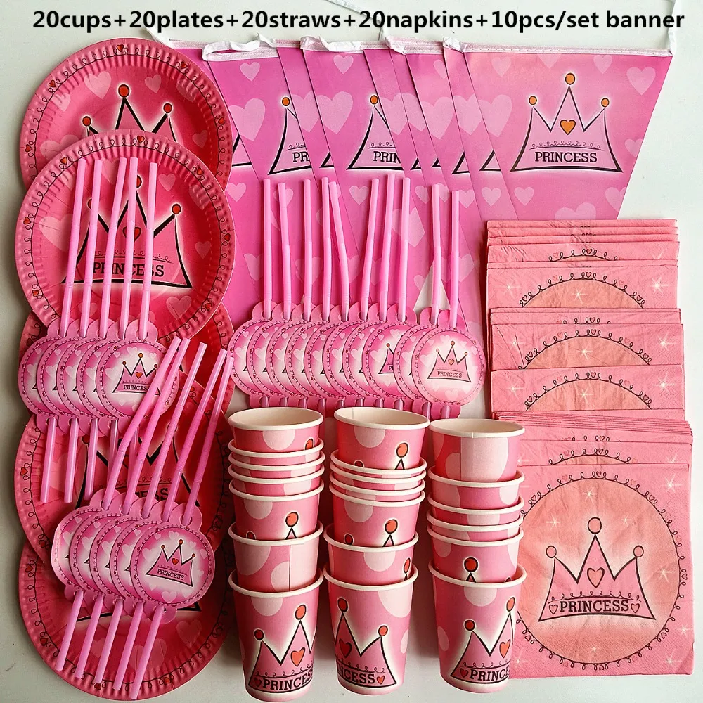 70pcs 20 personne joyeux anniversaire enfants princesse bébé fille douche fête décoration ensemble bannière nappe pailles tasse assiettes fournitures