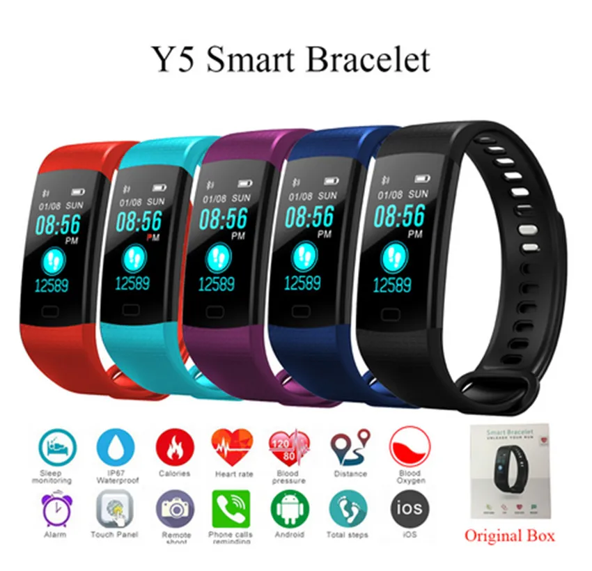 Y5 Bluetooth Smart Bransoletka Inteligentna Pasmo Kolor Ekran Tętno Monitor Pomiar ciśnienia krwi Fitness Tracker Smart Watch Dorosły