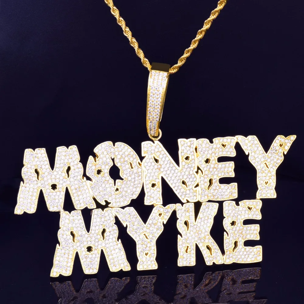 Mäns Anpassade Namn Hål Bokstäver Hängsmycke Necklace Gratis Kedja Is Out Cubic Zircon Guld Silver Bling Zirconia Hip Hop Smycken