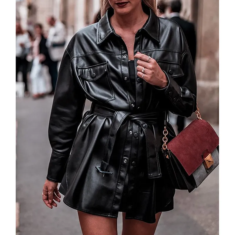 Leather jacket with tie belt discount