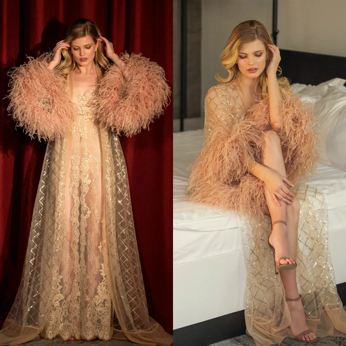 Gorgeous Illusion Night Robe Long Sleeve Feathers Party Sleepwear Custom Made Luxury Nightgowns Robes with Belt