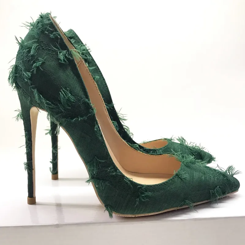 Spring fringed high-heeled women`s slim-heeled green pointed shoes, shallow-mouthed sexy personality single shoes in Europe and the United S