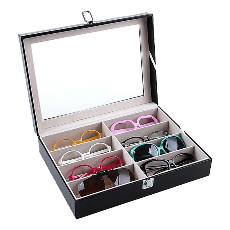 Lentes de óculos óculos de sol Caixa de armazenamento Com Indicador imitação de couro Óculos Display Case Armazenamento Organizer Collector 8 Slot de óculos caixa de armazenamento