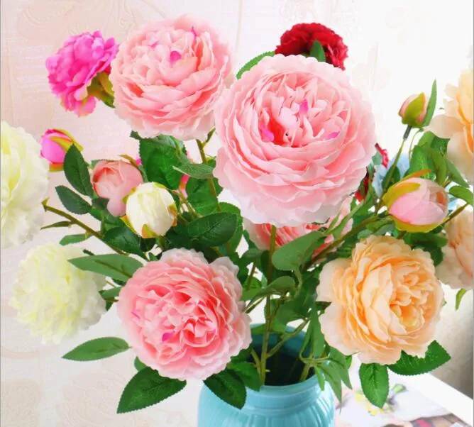 Longue fleur artificielle européenne 3 tête maison soie pivoine fleur de mariage étrangère Rose décorative fleur fête décoration GB115