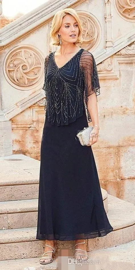 Navy Blue Chiffon Mother of the Bride Dresses 2019 New Custom V-Neck Luxury Beads A-Line Ankle Length Half Sleeve Wedding Guest Dr238P