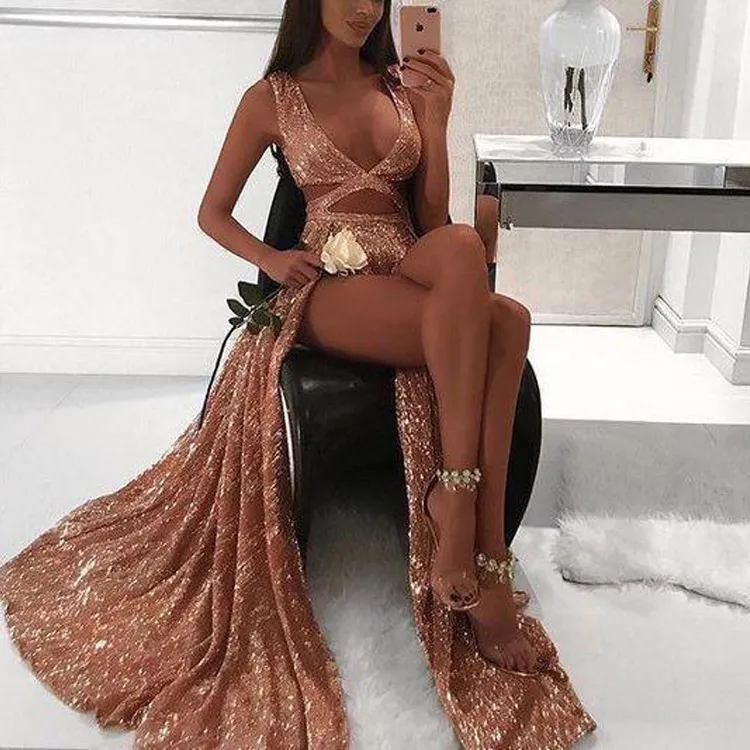 Rose Gold Cekiny Linia Długie Sukienki Prom 2019 Lace Up Powrót Piętro Długość Suknie Sexy Wysokie Party Wear