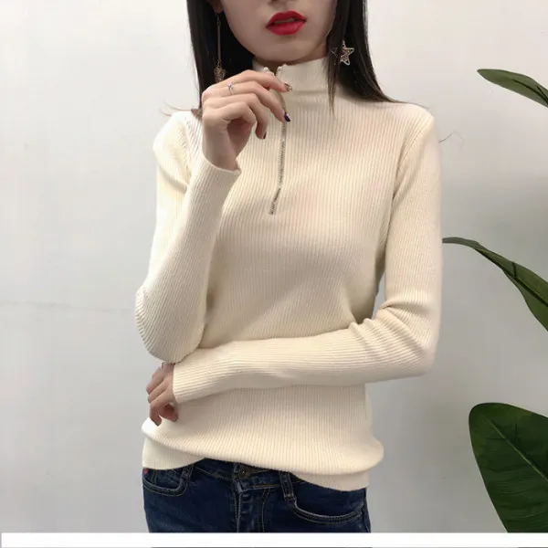 Suéter de gola alta de malha coreano feminino 2019 outono inverno com zíper cor sólida pulôveres de tricô fino tamanho grande pull femme t2001270z