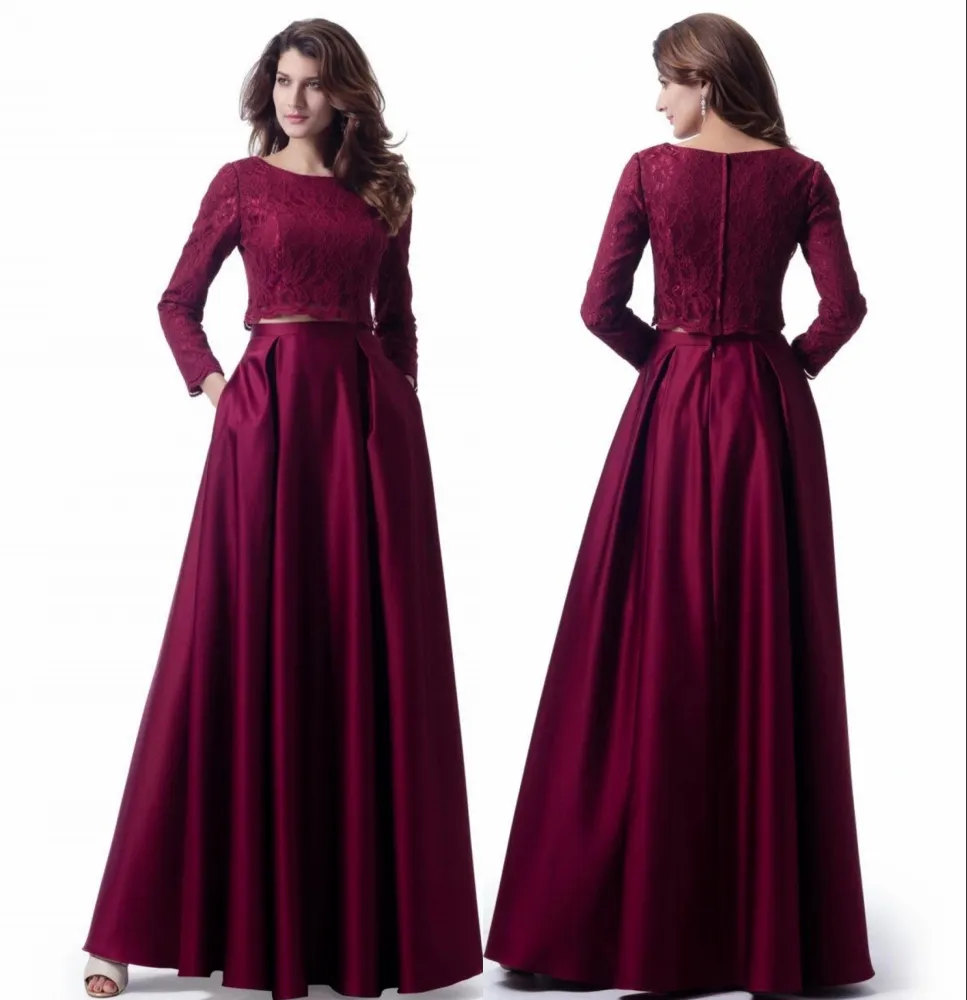 Elegant Long Dark Red Two Pieces Modest Dresses With Long Sleeves Lace Top Satin Skirt With Pockets Wedding Party Dresses