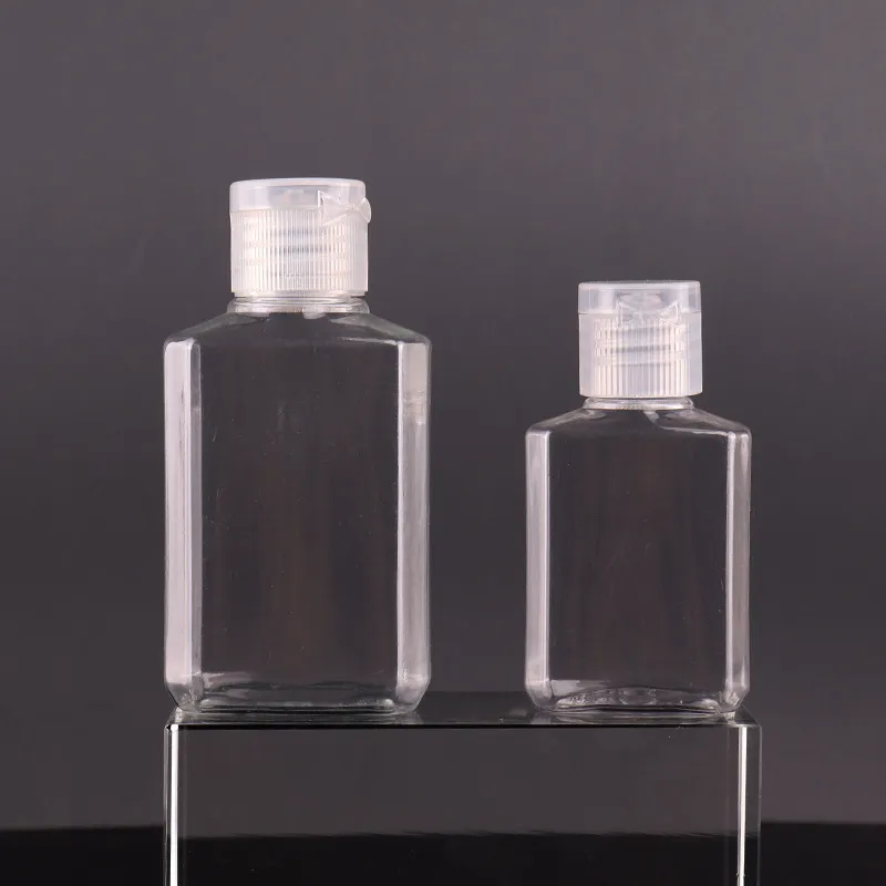 30ml 60ml Empty PET plastic bottle with flip cap transparent square shape bottle for makeup fluid disposable hand sanitizer gel