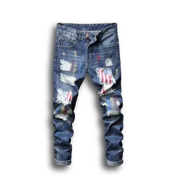 Mens jeans verão estilo moda rua desgaste pintado de impressão furo remendo tamanho asiático