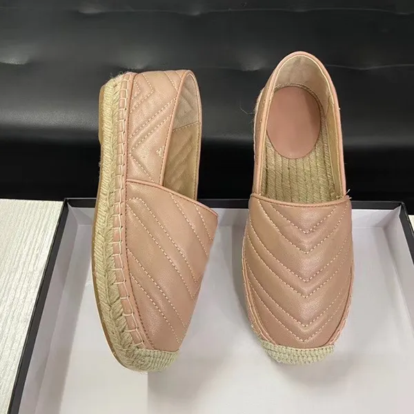 2020 Tasarımcı Kadınlar Deri Tuval Espadrilles Hakiki Kuzu derisi Lady Düz Günlük Ayakkabılar Terlik Yumuşak Straw Dokuma Loafer Espadrilles