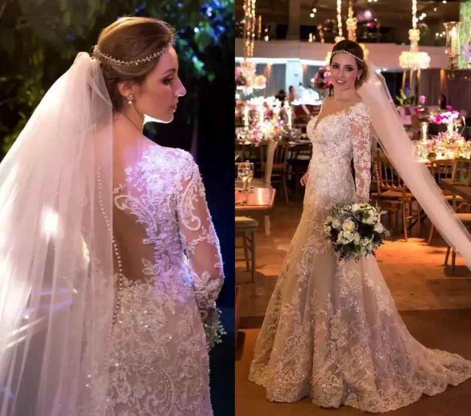 Robes de mariée en dentelle sirène pure col en V à manches longues robes de mariée paillettes appliquées plus la taille balayage train robe de mariée