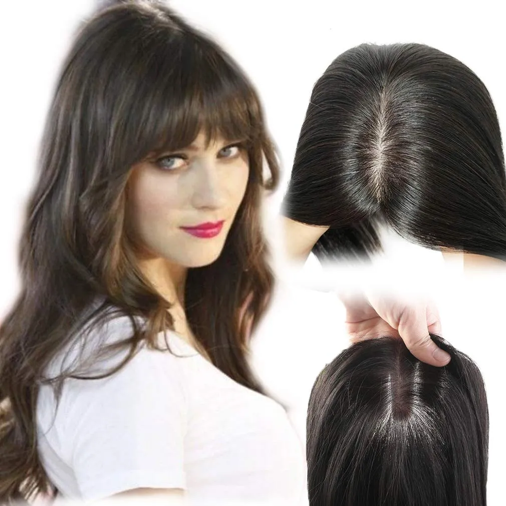 Women Toupee With Bangs Human Hair Straight Hand-Made Topper Hairpiece Natural Hair Clip Ins Bangs Natural Black 7x10cm 30cm/ 12 Inch