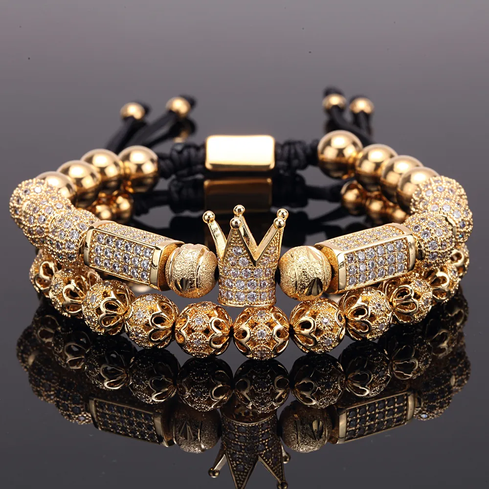 2 pz/set Fascino di Lusso Bracciale In Oro Uomo Maschile Perline In Acciaio Inossidabile Corona Cz Zircone Intrecciato Femmina pulseira Regalo San Valentino Vacanza Natale