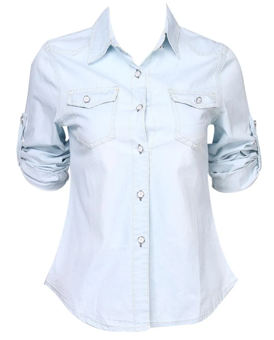 Retro Women Casual Blue Jean Soft Denim Long Sleeve Shirt Tops Blouse ...