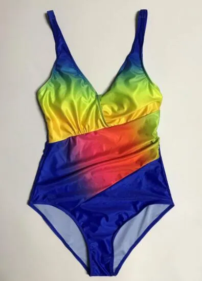 Discount big Swimwear Bikini rainbow gradient fat woman plus size fat woman one piece swimwear high waist Bikinis 2019 Bikini Sets Triangle